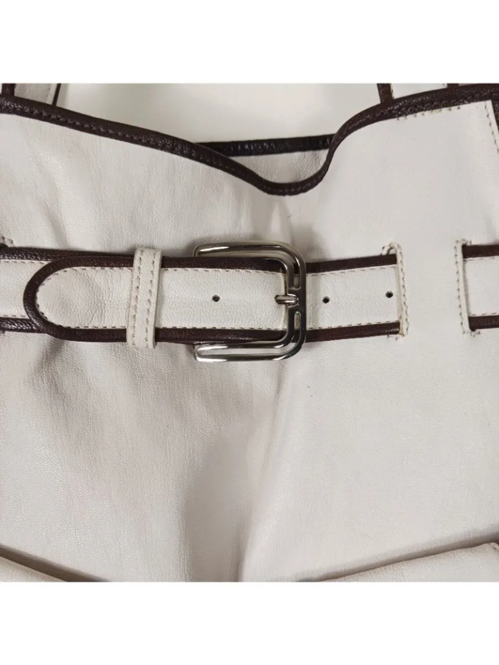 Cole Haan Leather Buckle Trim Multi Pocket Shoulder Bag Womens Ivory Brown